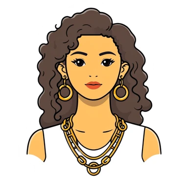 attractive Greek woman with long curly hair and light skin wearing gold hoop earrings and a gold necklace sticker