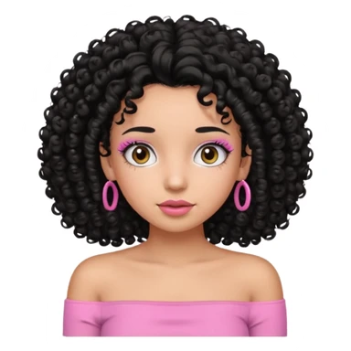 a girl with curly black hair looking forward while wearing a pink tube top but the stomach not showing and lashes too sticker