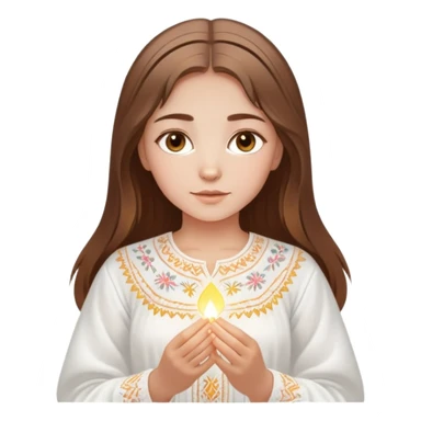 Ukrainian young girl with brown hair wearing a traditional white embroidered vyshyvanka shirt, holding a glowing ethereal light representing her soul sticker
