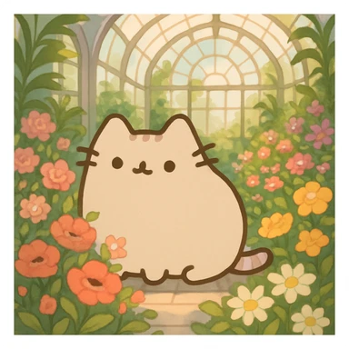 beige blonde pusheen-style kitten in a botanical garden greenhouse filled with flowers sticker