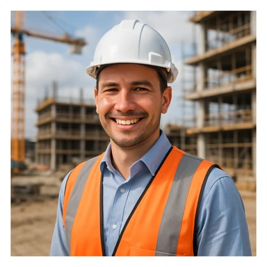 smiling civil engineer in a hard hat, construction site background sticker
