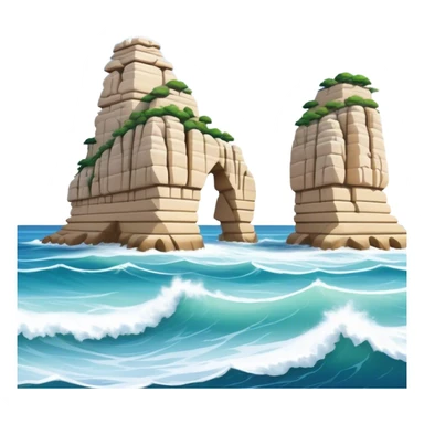 Cinematic Realistic Raouche Rocks, Beirut Landmark Emoji, depicting the majestic limestone rock formations rising from the Mediterranean Sea, with waves crashing against their bases under a vibrant sky. sticker