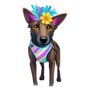  brindle brown black maroon striped lurcher Alsatian fox running blue eyes and iridescent holographic oilslick harness wearing paper iridescent tropical flower crown yellow caution tape sticker
