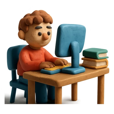 student at a desk with a computer and books sticker