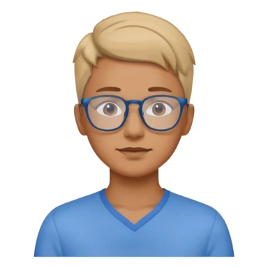 gender neutral face, chest up, blue shirt, glasses, minimal emoji style sticker
