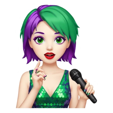 female joker with dress, microphone, singing sticker