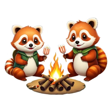 red panda and frog toasting marshmallows over a campfire sticker