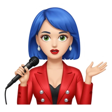 Katy Perry as an apple style emoji, with a microphone, glamorous pop star outfit, no text sticker