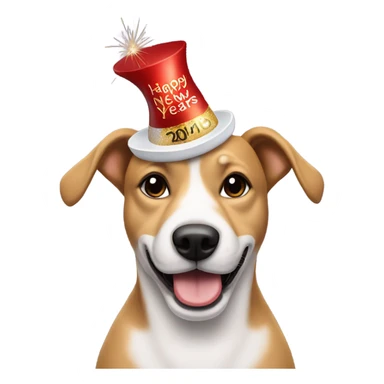 Dog wearing happy new years hat holding champagne sticker