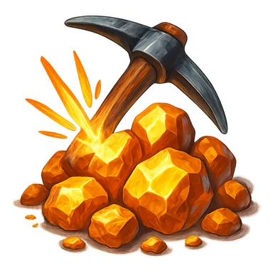 В cлегка рисованной, но при этом объемной и яркой стилистике сгенерируй картинку горстки золотых самородков, по которой бьет кирка, прозрачный фон sticker