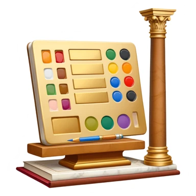 An icon featuring a paint palette, a sculpture, and a book, symbolizing the study of culture and art. The design includes a classical column and a canvas, representing art history and cultural exploration. Transparent background highlights the connection between creativity and history. sticker