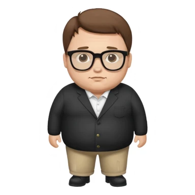 Create a fat emoji full body white man with brown hair and black glasses sticker