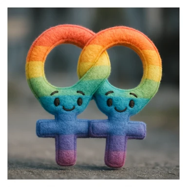 gay pride two interlocked female symbols, rainbow gradient, soft and fuzzy sticker