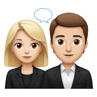 blonde woman in black suit talking to brown-haired man in white t-shirt sticker