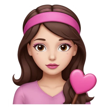 Pink and clothes emoji, inspired with brunette hair, brown eyes, long hair, heart shape lips and pink make up  and pink nails, mauve pink blush and a chocolate brown bandw sticker
