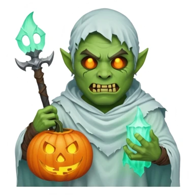 male orc warrior ghost emoji, green skin, wearing torn white ghost sheet costume, holding glowing jack-o'-lantern, faint blue aura, friendly but spooky expression, Halloween fantasy theme, Apple emoji style, clean white background, square sticker