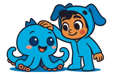 Combine the cute blue plush octopus and the human character in a blue animal onesie. Show the human gently petting the octopus, both looking happy and friendly, in a vibrant cartoon style with bold outlines and bright colors. sticker