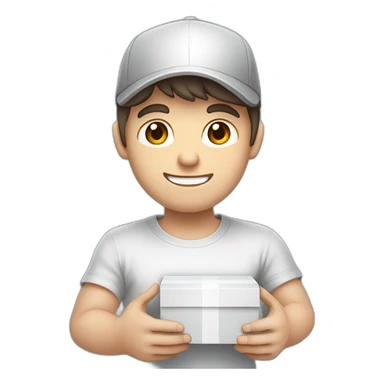 Pale skinned fit Man with dark brown hair in a white cap, gray jeans and gray polo T-shirt keeping a pasted with tape box into his hands sticker