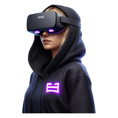 Russian girl wearing black hoody with violet letters "OMG", in vr headset oculus quest2. Standing like jedi. Cyberpunk style. Violet neon. sticker