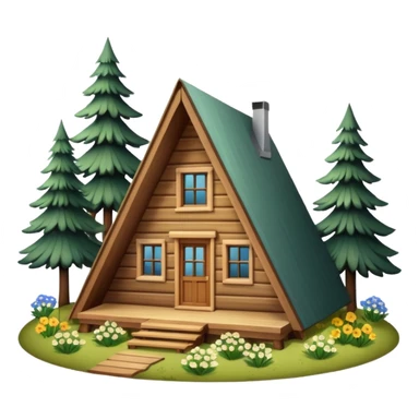 triangle small cabin in the woods, surrounded by pines, with flowers around sticker