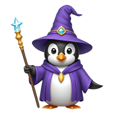 penguin wearing wizard hat and robe holding a magic wand sticker