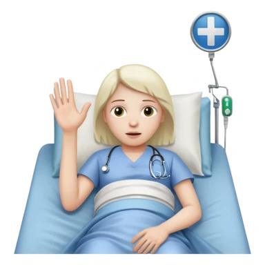 person lying in hospital bed with their eyes open holding up their left hand sticker