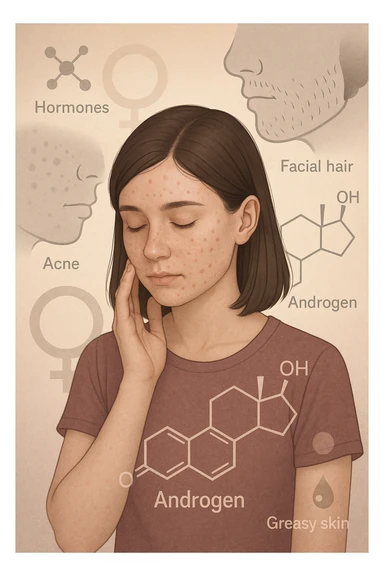 A young woman is surrounded by faint overlays of hormonal symbols and androgen molecules, with shadowy images of acne, facial hair, and oily skin projected around her, symbolizing the symptoms of PCOS with androgen excess. She looks down, gently touching her face with a resigned but hopeful expression, symbolizing her journey toward managing these symptoms. in italiano sticker