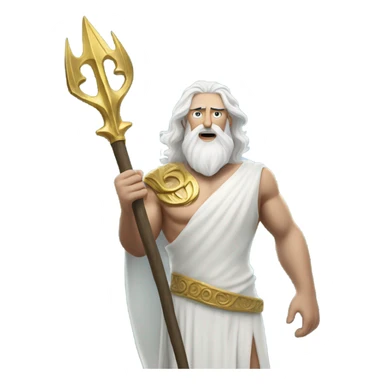 white man Poseidon with gold Trident. long white hair white dress. soot on face sticker