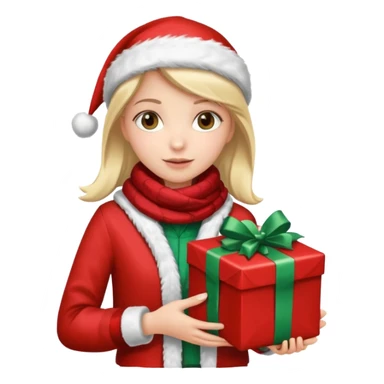 a girl wearing a chirstmas jacket and scarf and holding a christmas gift sticker
