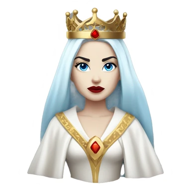 Queen with pale white skin, evil stare, icy blue eyes, bright red lips, long black hair, gold crown, and white robes. sticker