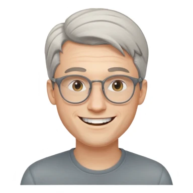 30 yr old pale white man, grey side swept hair, round glasses, big smile, white teeth, handsome, longer hair, thin glasses sticker