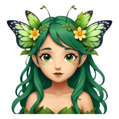 Cinematic Realistic Forest Fairy Portrait, head tilted playfully and inquisitively, showcasing a nature-inspired form with intricately detailed, sunlit tanned skin and cascading dark green hair interlaced with leaves and blossoms showing her large butterfly wings from her back. Her bright, curious eyes sparkle with forest mischief, rendered with lifelike clarity and warm, dappled lighting that captures the spirit of an enchanting woodland fairy ready to dance among the trees. sticker