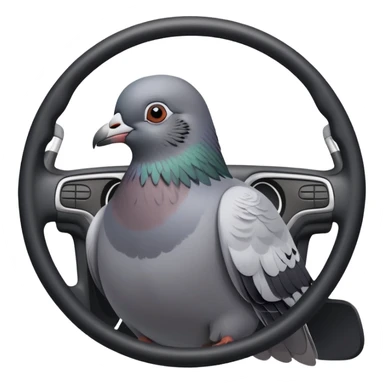 pigeon parking a car, bird using steering wheel and parking sticker