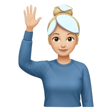 50 year old blonde woman with bun in casual clothes and sweat shirt waving sticker