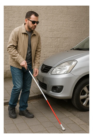 A blind person with a white cane walking cautiously on a pavement, a car is parked blocking the path, emphasizing the obstacle and the person's careful movement. sticker