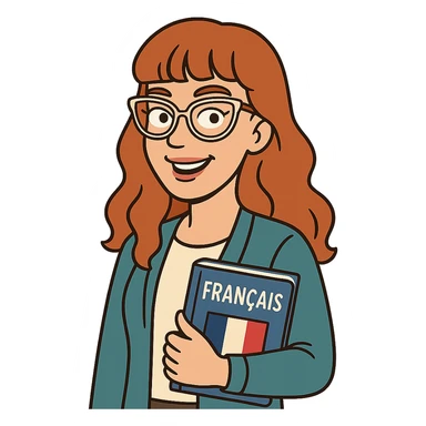 cartoon style, bitmoji-inspired, redhead woman with long wavy hair and bangs, cat-eye clear-framed glasses, blue eyes, French teacher, holding a book sticker