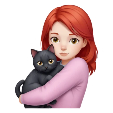 
a girl with red hair in pastel clothes hugs a black British cat sticker