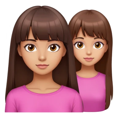 beautiful cute woman, tan skin, big brown eyes, straight long brown hair, bangs, model, pink top sticker