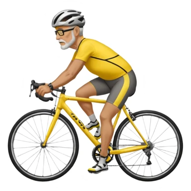 emoji of a 60-year-old man, about 200 lbs, no beard, no eyeglasses, in loose cycling clothes, yellow and black top, straddling a grey road bike, graphic design, adding a background of a road in a neighborhood or highway sticker
