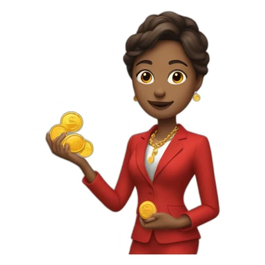 Posh-woman-with-red-suit-holding-golden-coins sticker