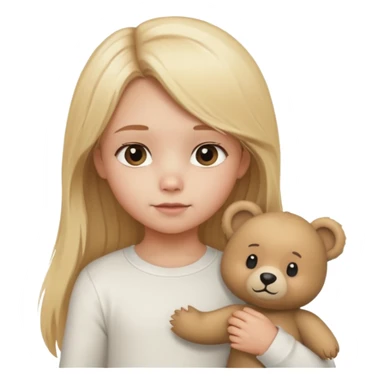 Blonde little girl, long hair, white long sleeve, with beige bear sticker