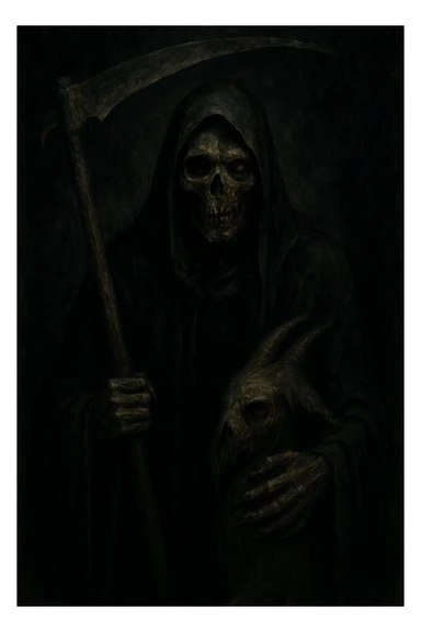A grim reaper character, left hand grasping a faun, face half skeletal, half decaying zombie, ominous and shadowy, dark, haunting, and supernatural mood. sticker