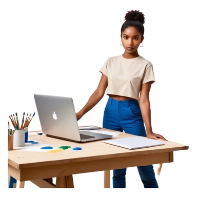 A person is **standing up from their desk**, a determined look on their face. In front of them is a **blank canvas, an open laptop, or a workbench**—a symbol of **taking action**. Their **future self**, glowing with confidence, is **guiding their hands as they type, paint, build, or create something sticker