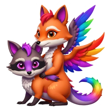 black female raccoon dragon hybrid with rainbow colored wings and purple eyes hugging a red female fox dragon hybrid with rainbow colored wings and orange eyes sticker