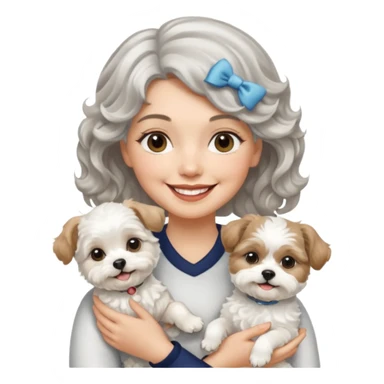 silver, short, wavy-haired with loose curls, smiling pretty lady holding a white terrier and a white/tan shih tzu dog sticker