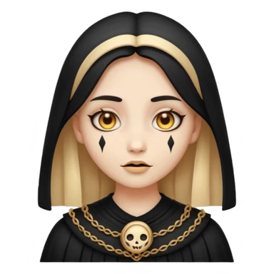 Stylized cult cartoon girl emoji, eerie-cute aesthetic, symmetrical design, subtle spooky vibe, glowing eyes, chanting “AMILK”, bold graphic icon sticker
