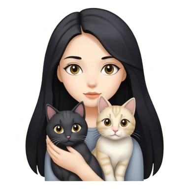 Beautiful girl with long black hair holding a gray and blonde mixed cat sticker