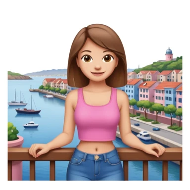 cute emoji-style woman with straight brown hair, pink crop top, and blue jeans, leaning on a balcony with a harbor and cityscape in the background, smiling sticker