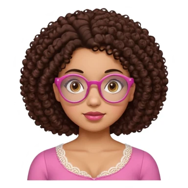 medium-light kinned afro-latina girl with medium length chocolate brown side part curly hair, brown eyes, pink sweetheart necklined top with lace, round wide-ish nose, chubby oblong shaped face, brown glasses sticker