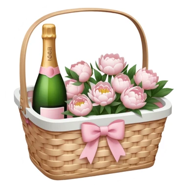 White Picnic basket with light pink bow and white peonies and one pink champage bottle inside sticker
